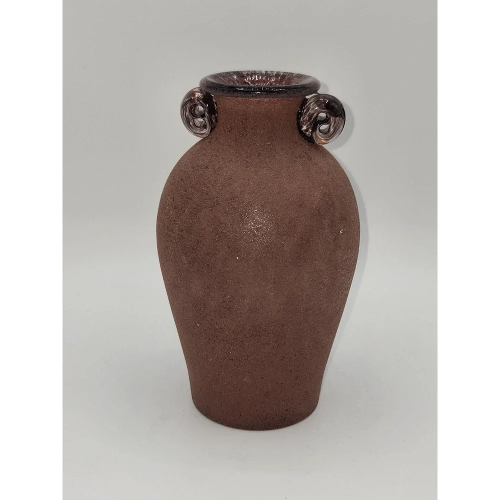Vintage Art Glass Amphora Vase Brown Satin Finish Applied Scroll Handles
